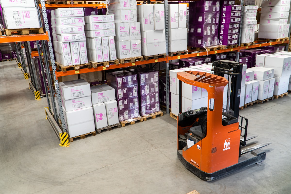 Forklift in industrial warehouse